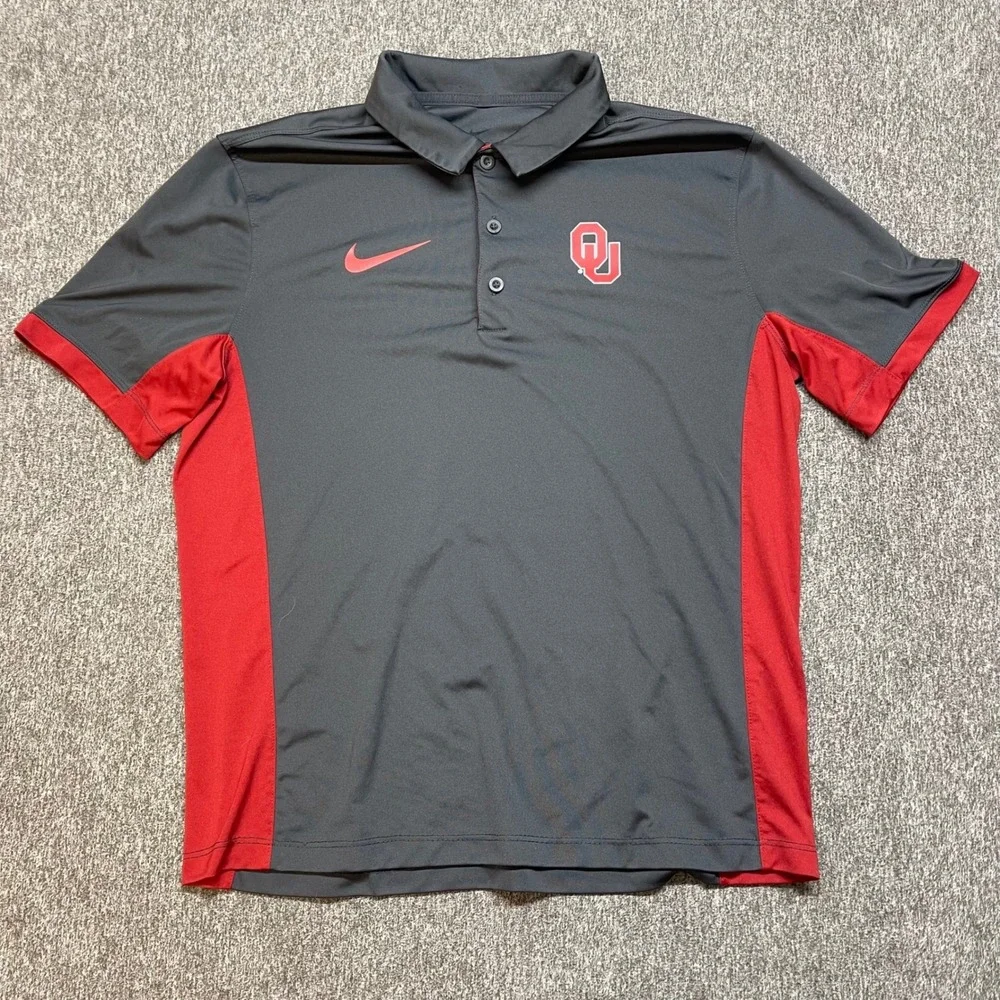Oklahoma Sooners OU Nike Dri Fit Polo Shirt Mens Medium Gray Red Golf Athletic